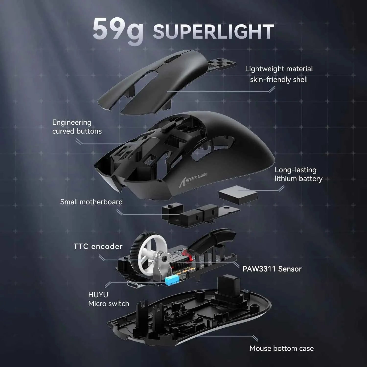 MAMBASNAKE x ATTACK SHARK R1 59g SUPERLIGHT Mouse, PixArt PAW3311 Gaming Sensor, BT/2.4G Wireless/Wired Gaming Mouse