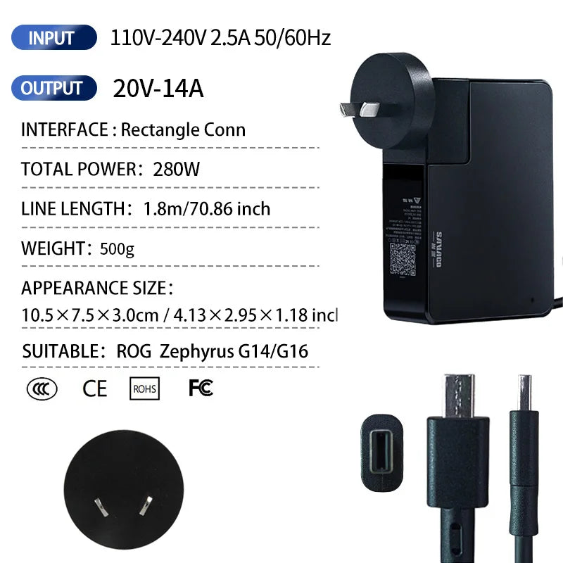SAVAGO 20V10A 200W AC Adapter Laptop Power for ASUS ROG Zephyrus G14 2024 GA403 GaN Charger for Rog G16 2024 GU605