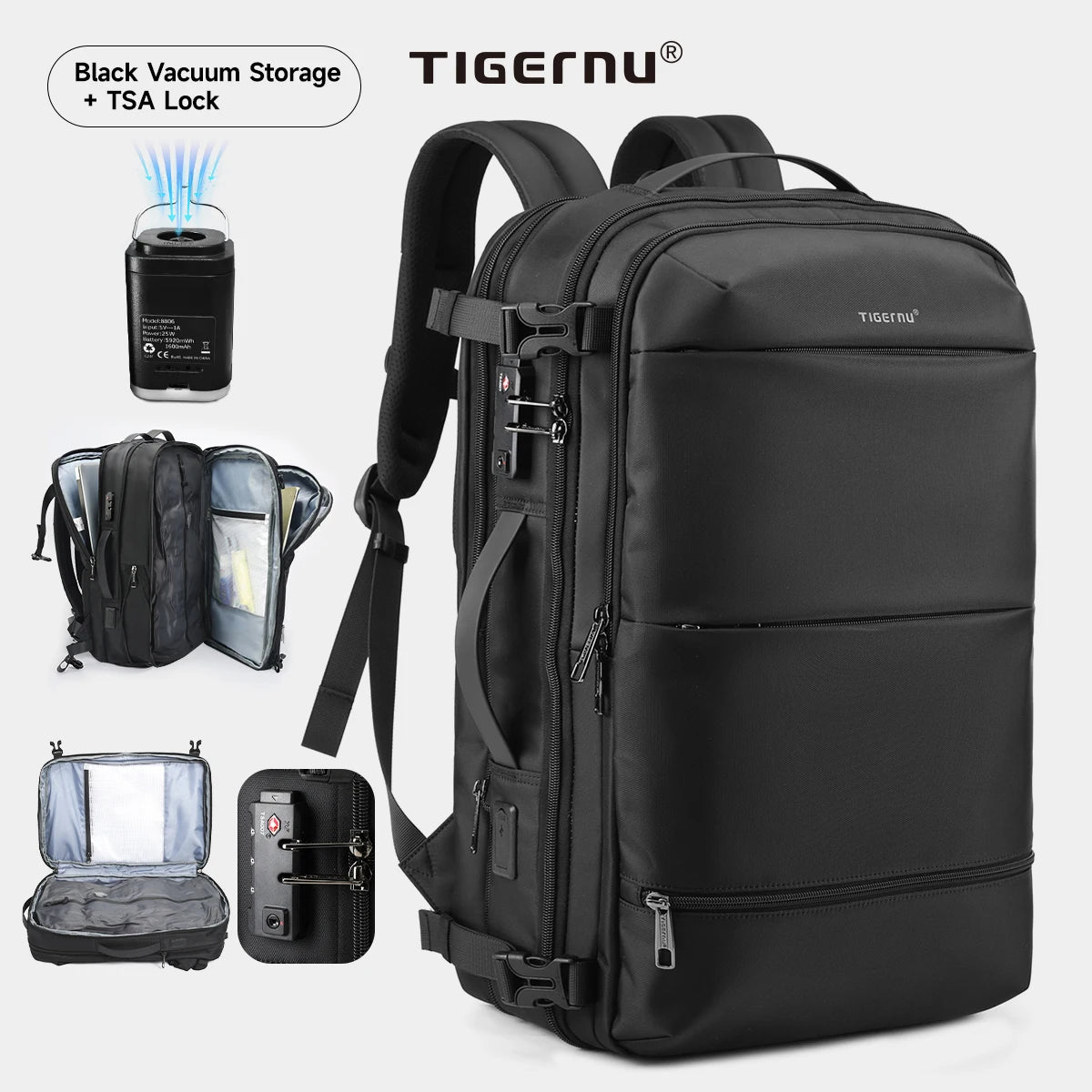 Tigernu Vacuum Compression Backpack Men Women Expandable Travel Backpacks Luggage With USB Large Capacity For 17 Laptop Back