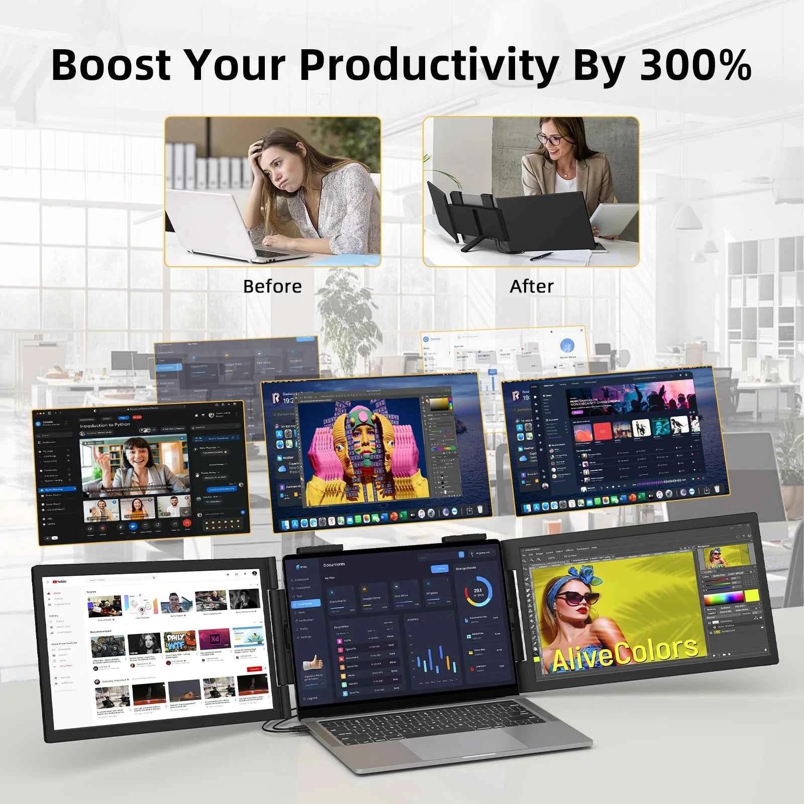 Amoudo14 Inch Dual Portable Monitor 1920*1080P IPS Portable Triple Monitor with USB-C Port for 14-16.5