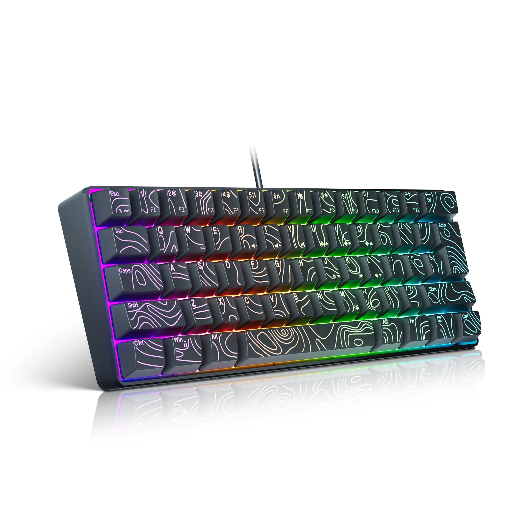 60% Compact Wired Keyboard with RGB Backlight and Membrane Keyswitches. Suitable for Windows tablets, laptops and gamers. Black.