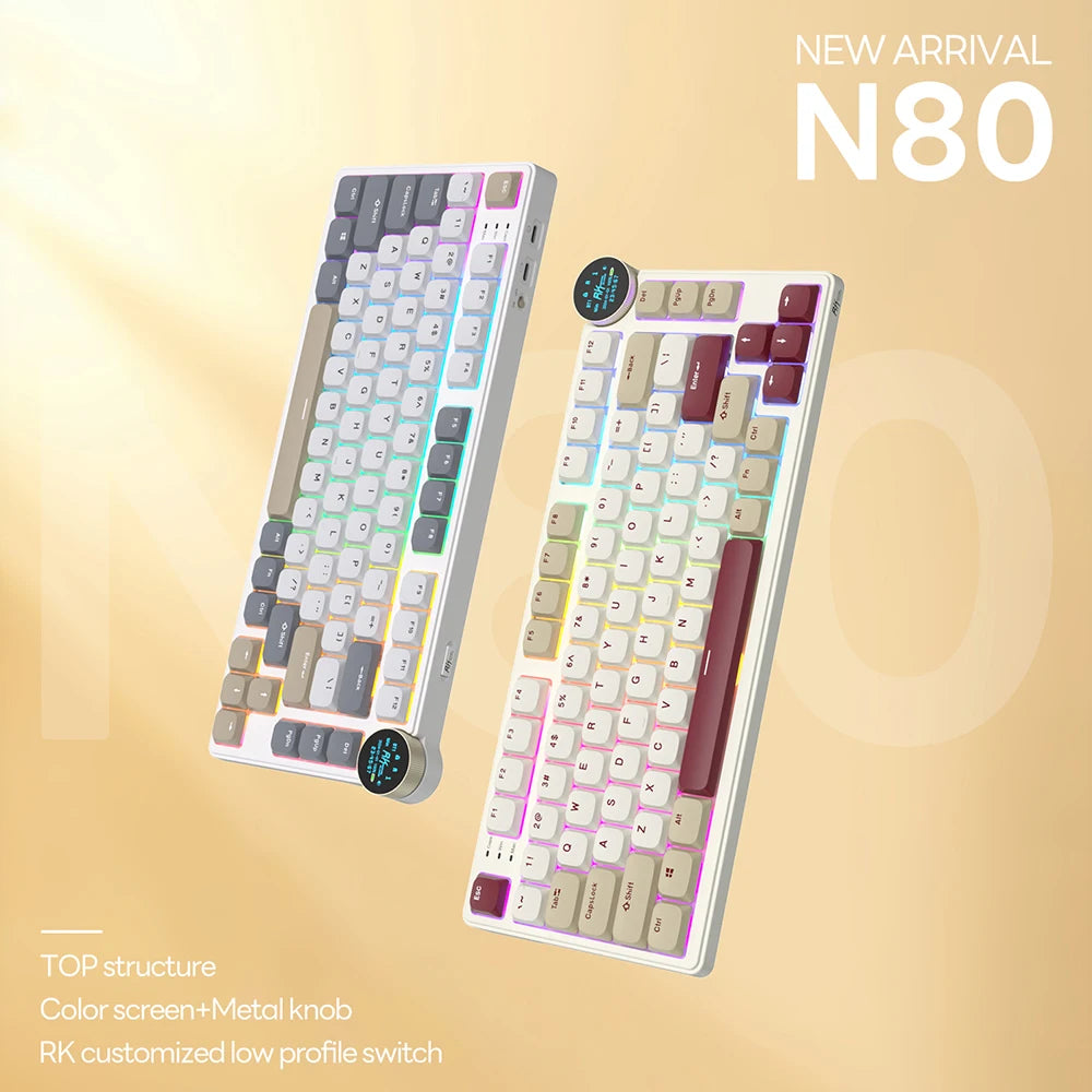 RK N80 Royal Kludge Gamer Keyboard 2.4G Wireless/Bluetooth/USB-C With 80% RGB Backlit Mechanical Keyboard Low Profile TFT Screen