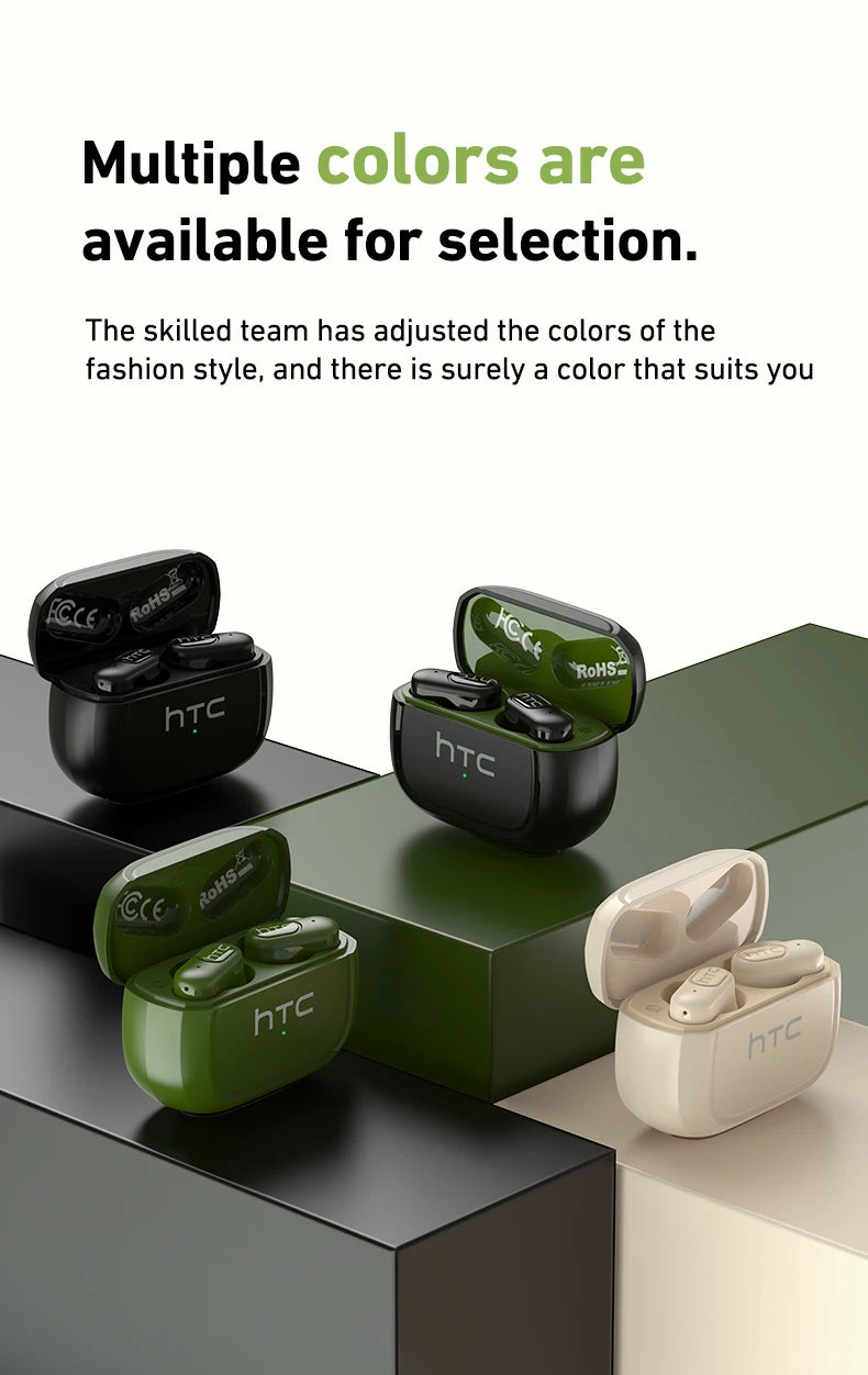 HTC NE51 Bluetooth Earphones TWS Mini EarBuds Sports Wireless Headphones Smart Noise Reduction Earbuds Green Black