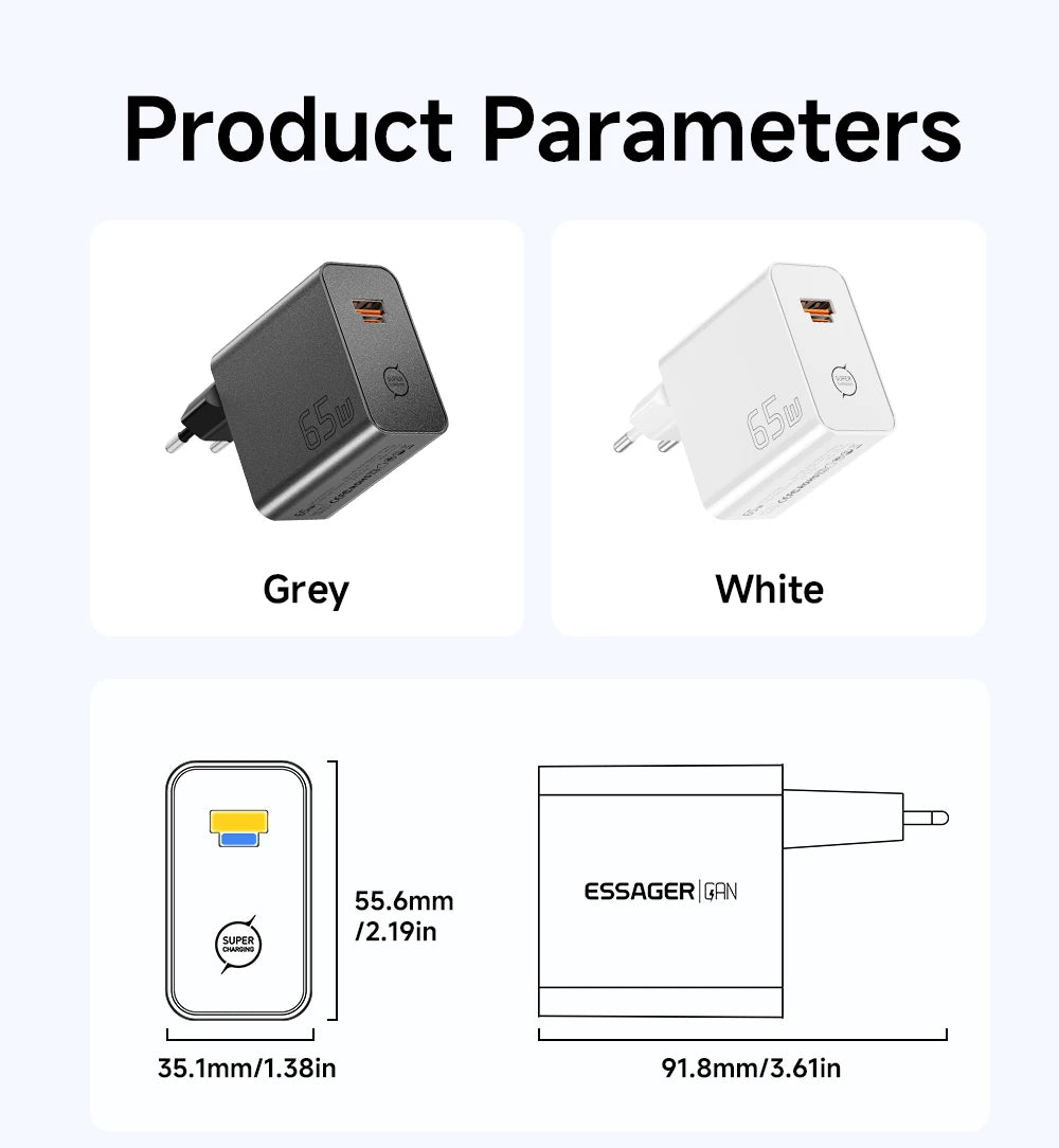 ESSAGER 65W GaN Charger PD3.0 PPS QC4.0 Fully Compatible for iPhone 17 16 Samsung S26 MacBook Air Huawei Laptop PD Fast Charger