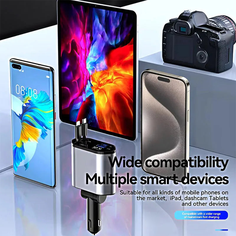 120W 4 in 1 Car Charger Retractable Car Cigarette Lighter Adapter USB Type C Fast Charger Cable For IPhone Xiaomi Huawei Samsung