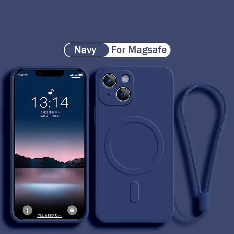 For Magsafe Magnetic Wireless Charge Case for IPhone 15 16 14 13 12 11 Pro Max Mini XR XS Plus Soft Liquid Silicone Strap Cover