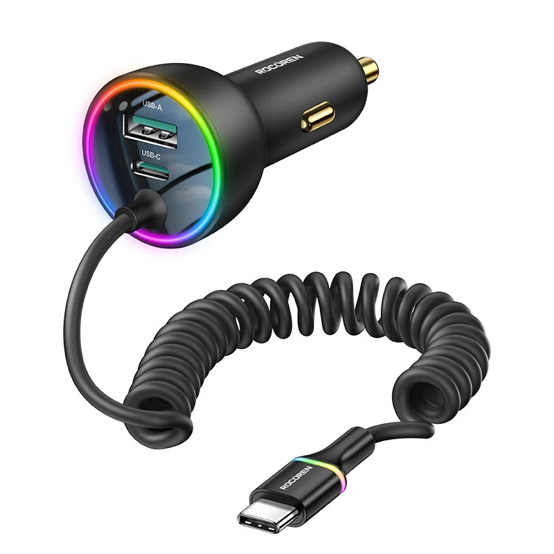 Rocoren 70W USB C Car Charger With Spring Charging Cable Fast Charging Type C Car Quick Charger Adapter For iPhone 16 15 Xiaomi