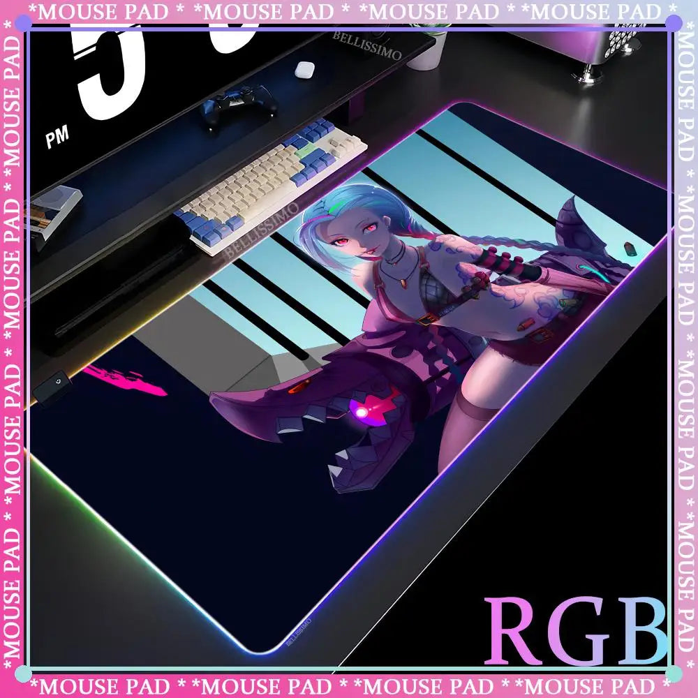 RGB League of Legends MousePad Gamer Jinx Anime Girl LED Game Accessories Keyboard Pad Large Desk mats Rubber Luminous Mouse Pad