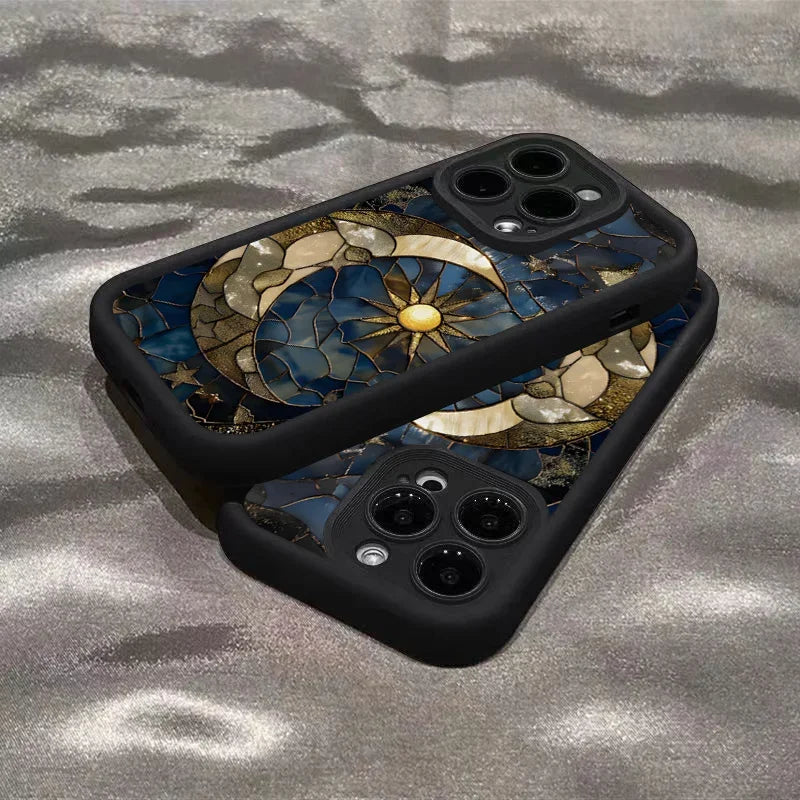 Aesthetic Glass Printed Sun & Moon Silicone Phone Case for IPhone 16 14 12 13 11 15 Pro Max X XS 7 8 Plus Shockproof Soft Cover