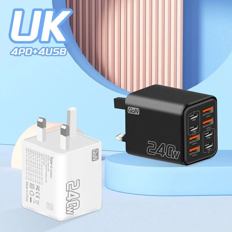 240W GaN USB C Charger 8 in 1 Fast Charging Phone Charger Power Adapter For iPhone Xiaomi Type C EU/US/UK Plug Wall Charger