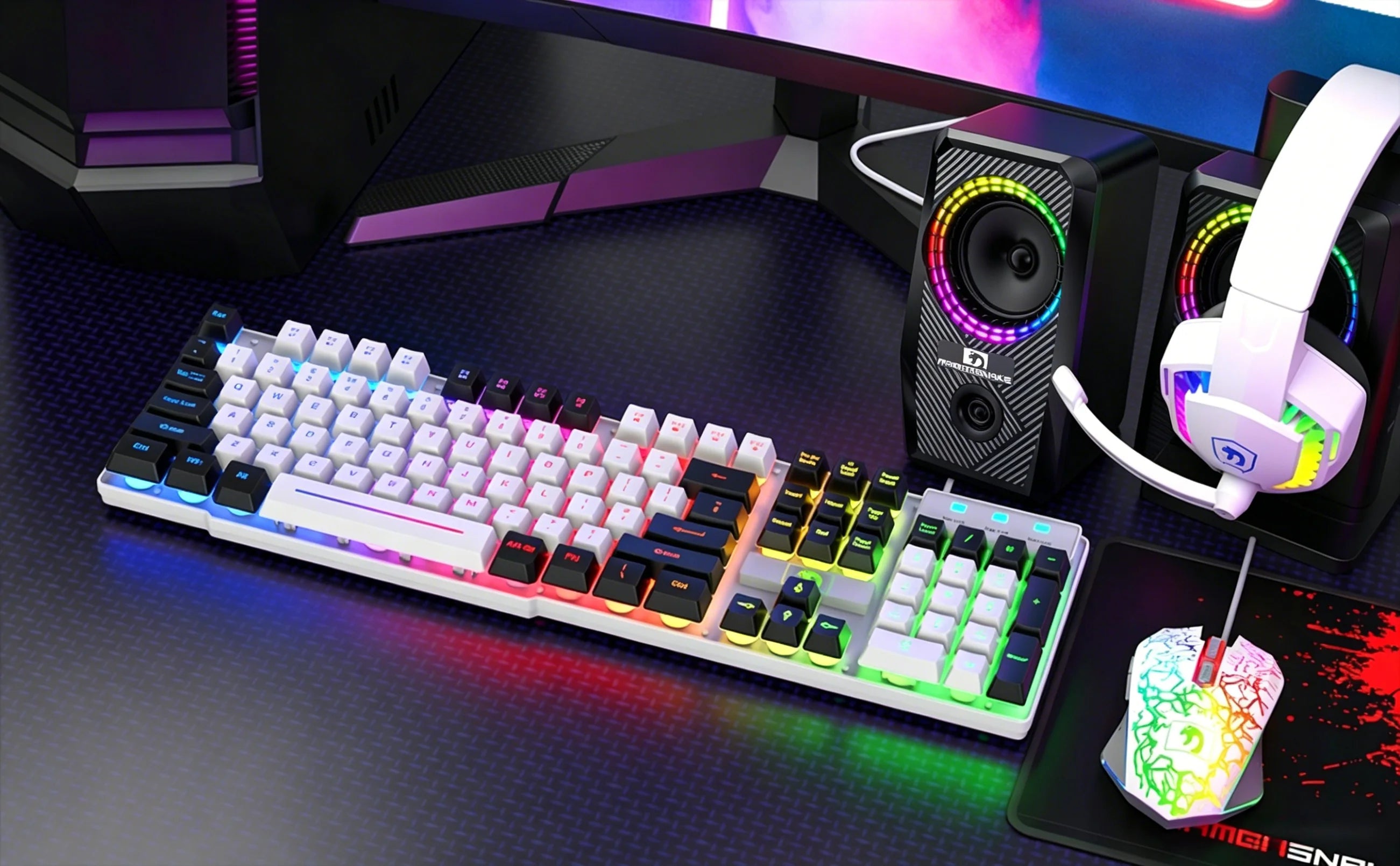 MAMBASNAKE T11 5-IN-1 Wired Rainbow LED Backlit Keyboard and Mouse, Over Ear Headphone with Mic, Gaming Mice and Pad, Speaker