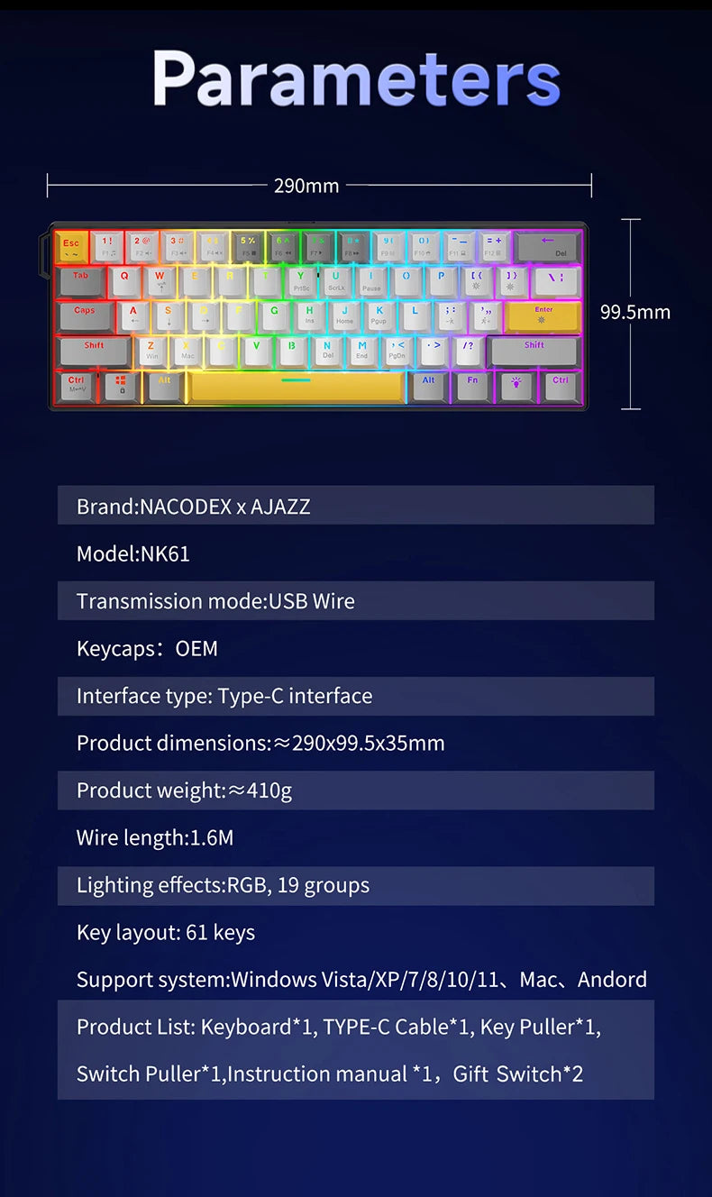 AJAZZ NK61 Wired Mechanical Keyboard, Mixed Backlight, Compact Mini Layout, Detachable USB-C Cable, Keycap Puller Included