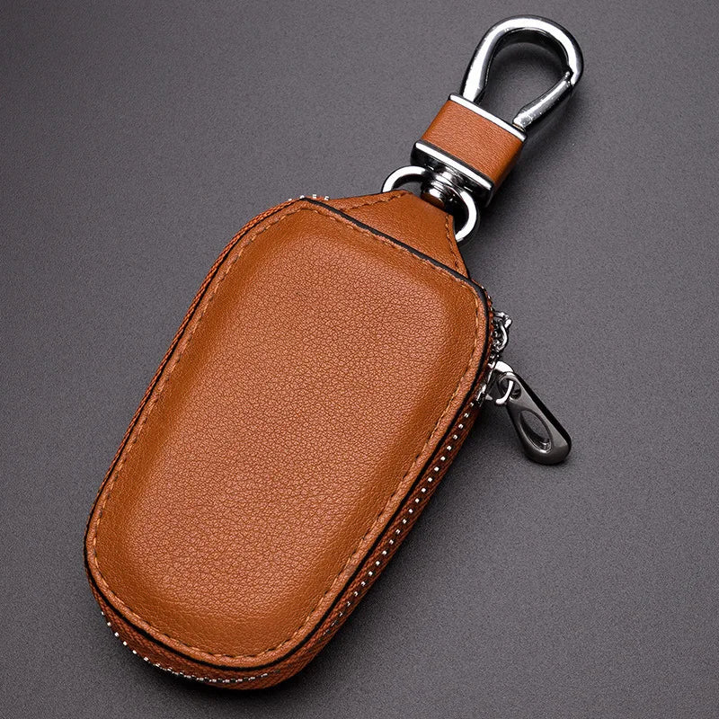 Genuine Cowhide Car Key Case Universal Zipper Leather Key Holder Portable Waist Hanging Auto Remote Fob Key Bag