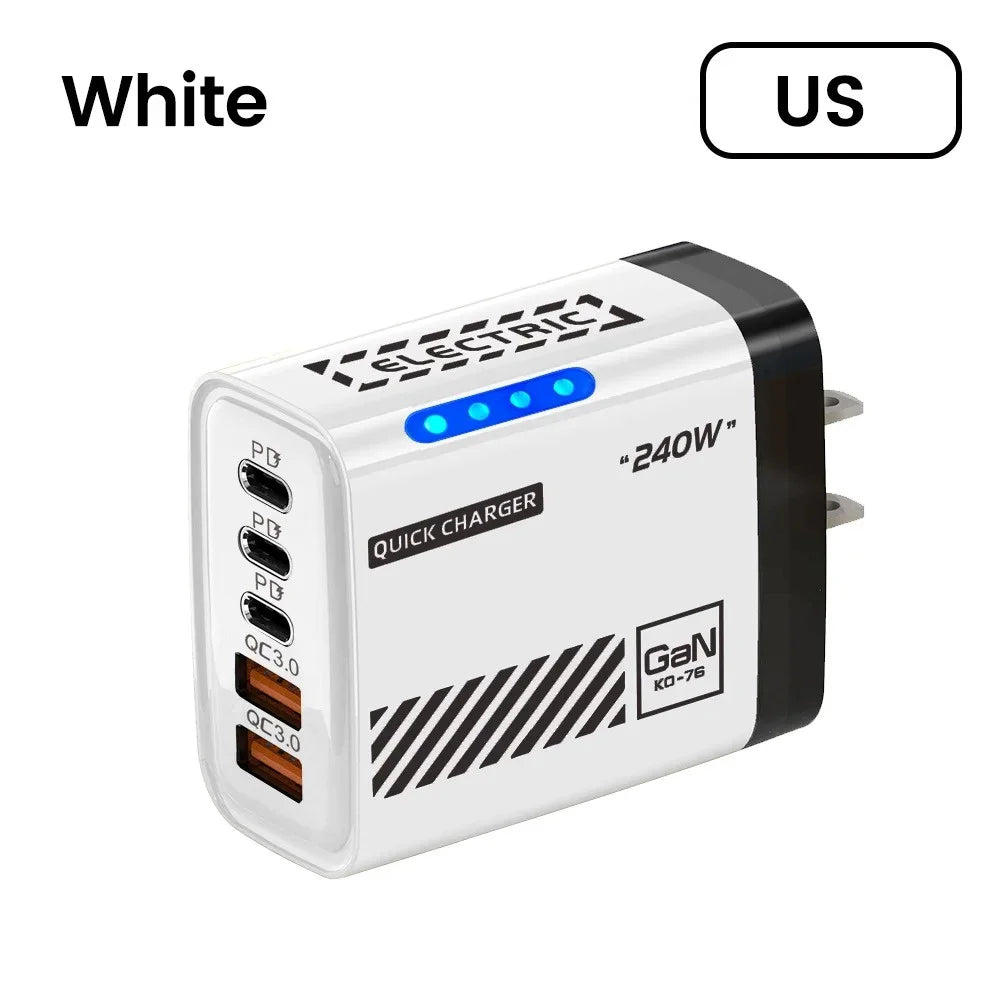 5 Port GaN Fast Charger 240W USB C PD Charger QC 3.0 Wall Adapter for iPhone Samsung Xiaomi Huawei Fast Charging EU US Plug LED