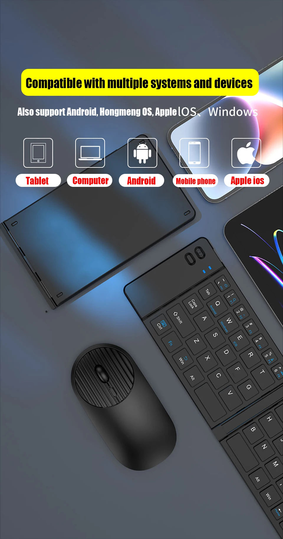 HKYC Mini two fold the third mock examination Bluetooth 2.4G keyboard and mouse set type-c charging tablet