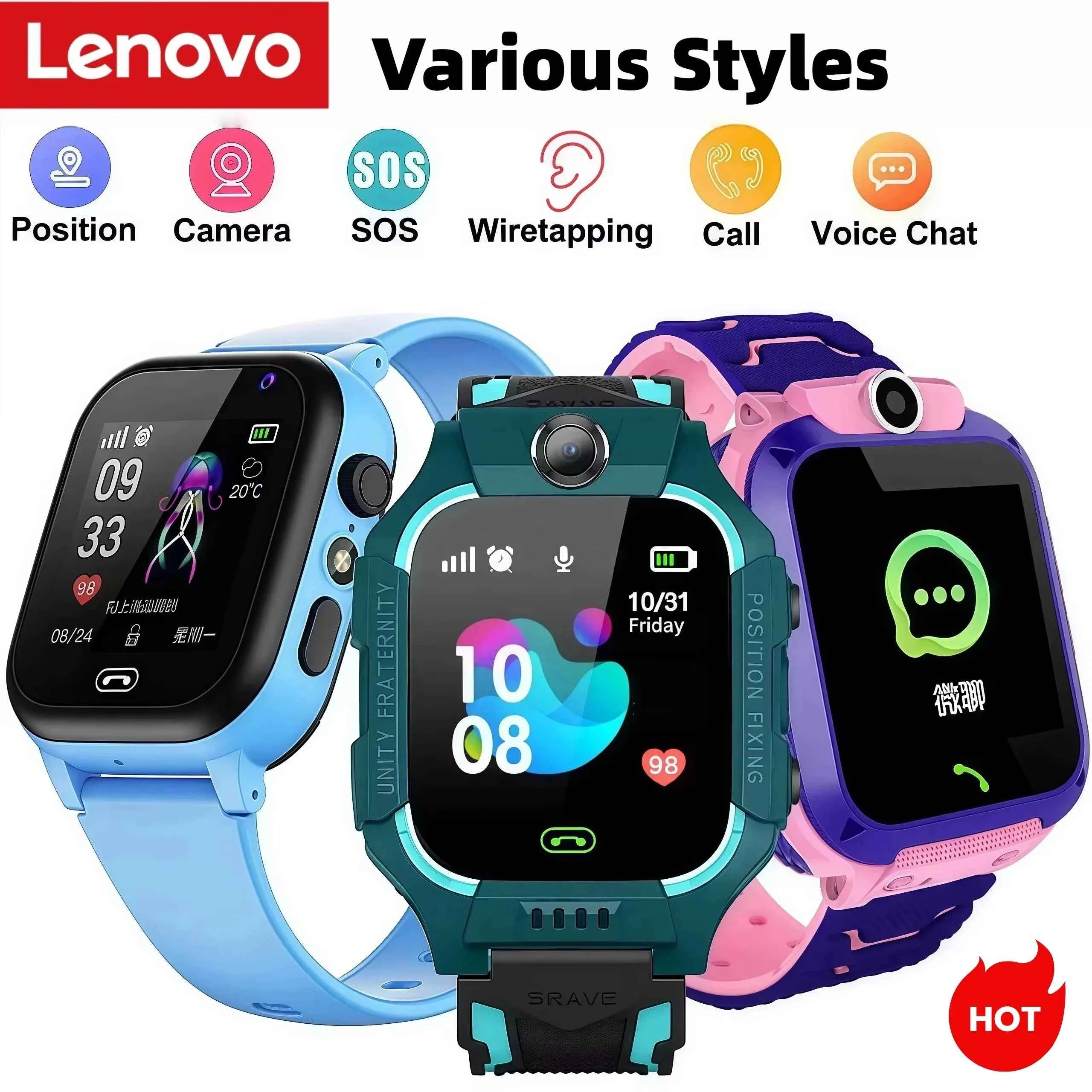 Lenovo Kids Smart Watch SOS GPS Location Sim Card Camera Heart Rate Monitoring Bluetooth Calling Waterproof Gift For Android