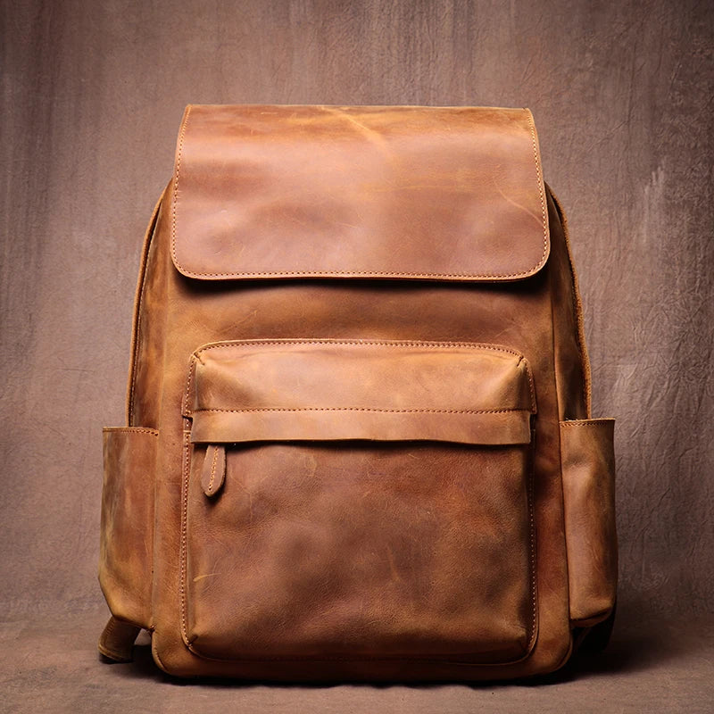 LUOKIR Genuine Leather Laptop Backpack 15 Inch – Vintage Crazy Horse Cowhide Business Travel Backpack for Men, Luxury School Computer Bag