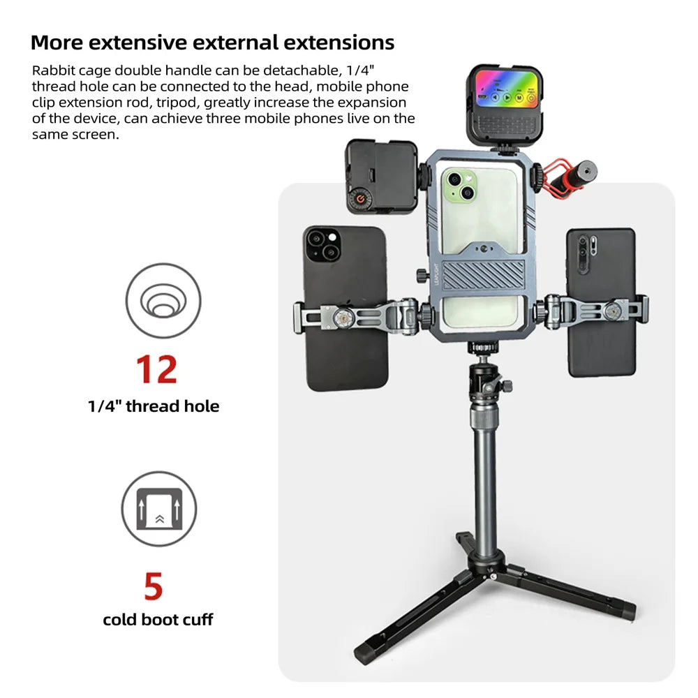 Universal Metal Phone Cage Smart Stabilizer w Handgrip Phone Holder for Iphone 15 14 13 Andriod Mic Led Light Filmmaking Video