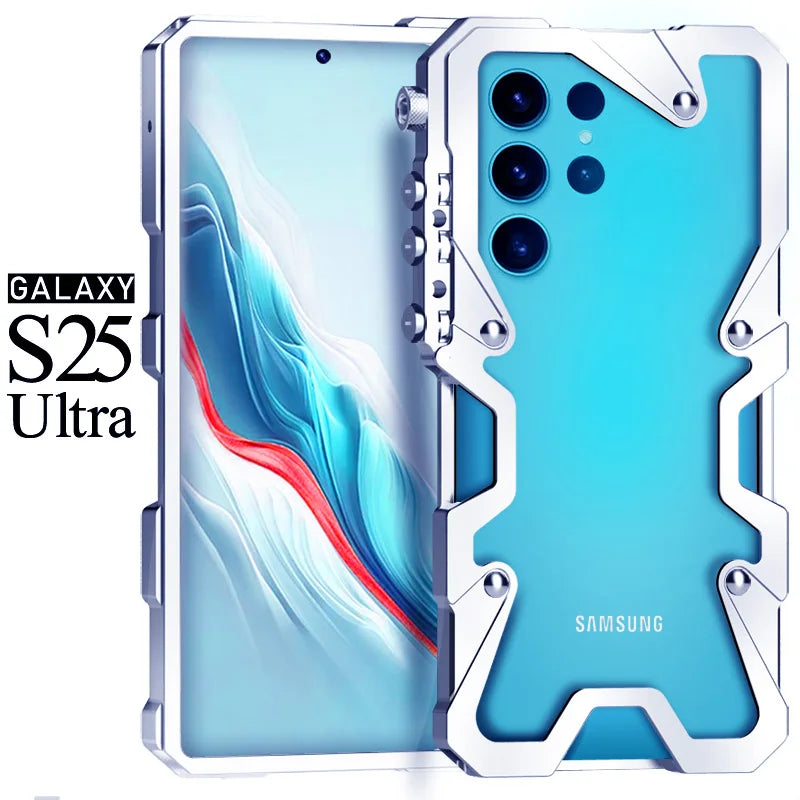Luxury Armor Metal Aluminum Phone Bumper For Samsung Galaxy S26 S25 S24 Ultra + FE Cover Mechanical Purely Handmade Skull Case