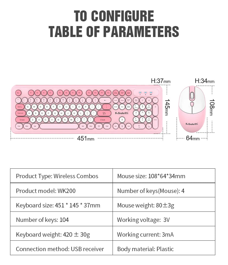 K-Snake WK200 Wireless Keyboard Mouse Set Cute Punk Keycap USB Wireless Business Keyboard Mouse Set Laptop Typing Office