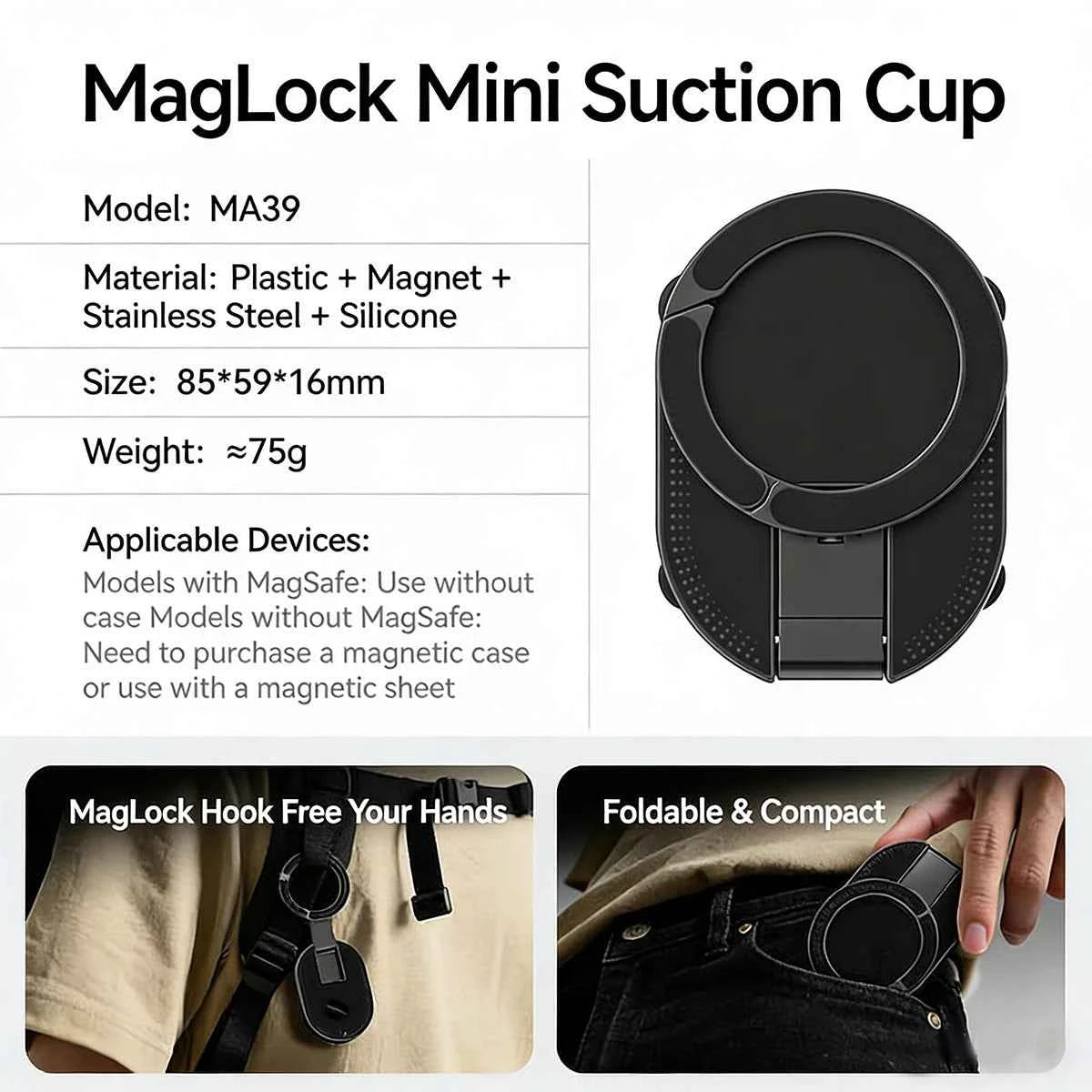 3-in-1 Suction Cup Phone Mount Strong Magnetic Phone Holder Mount with Pull Ring Phone Grip for iPhone/Samsung/Android JR-ZS418