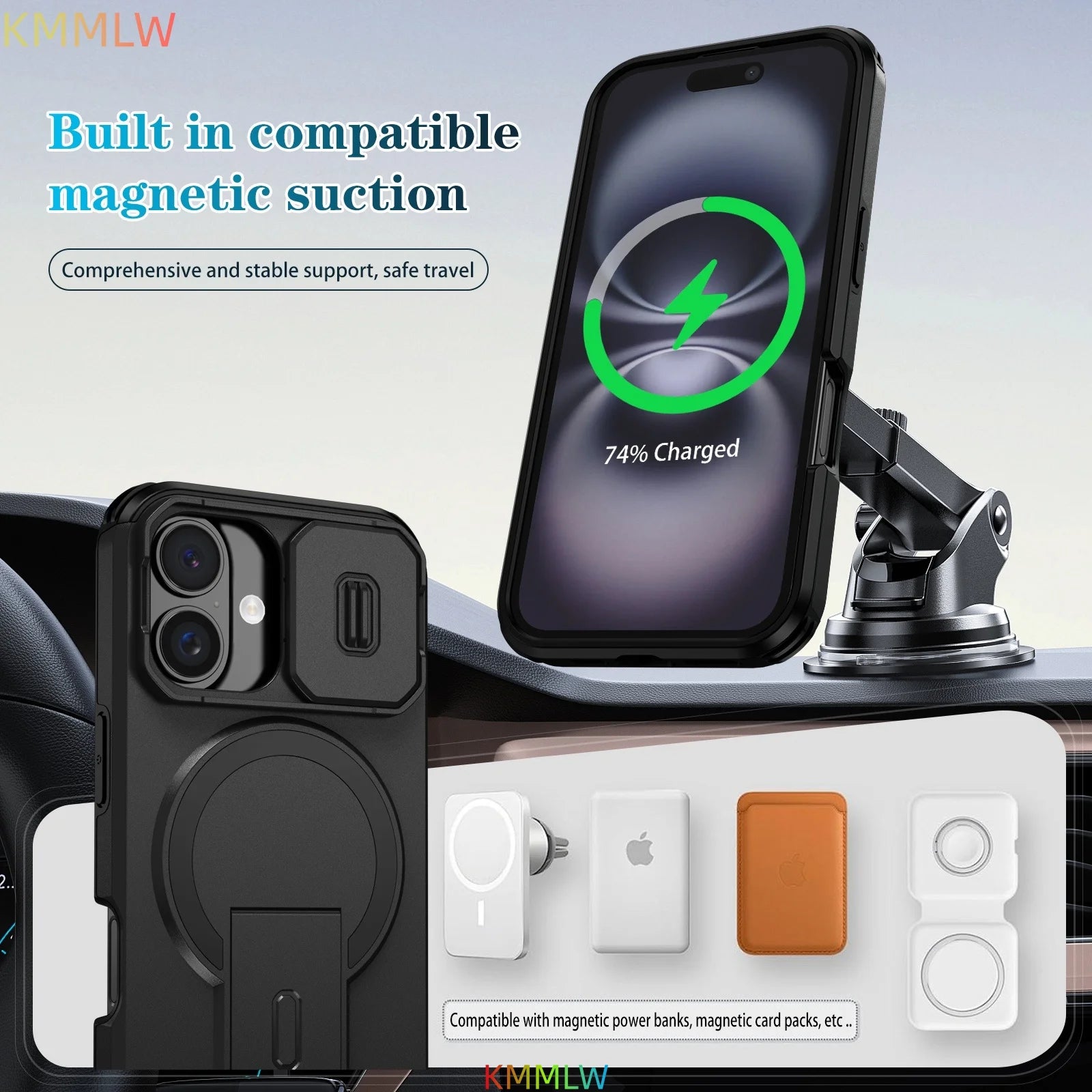 Lens Protect Camera Phone Case for iPhone 16 15 14 13 12 11 Pro Max Plus 16e Magnetic Kickstand Cover