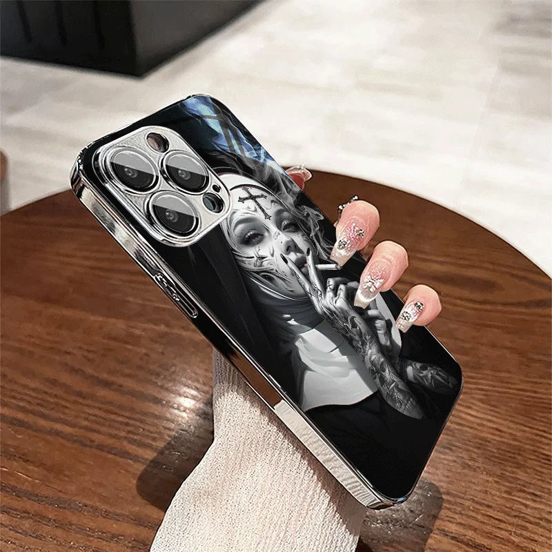 Crystal clear, beautifully designed tattooed lady smoking pattern glass phone case for iPhone16 15 14 13 12Promax