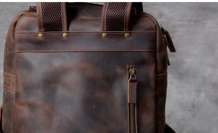 Vintage Crazy Horse Genuine Leather Backpack Men Bagpack Cowhide Hiking Backpack 17