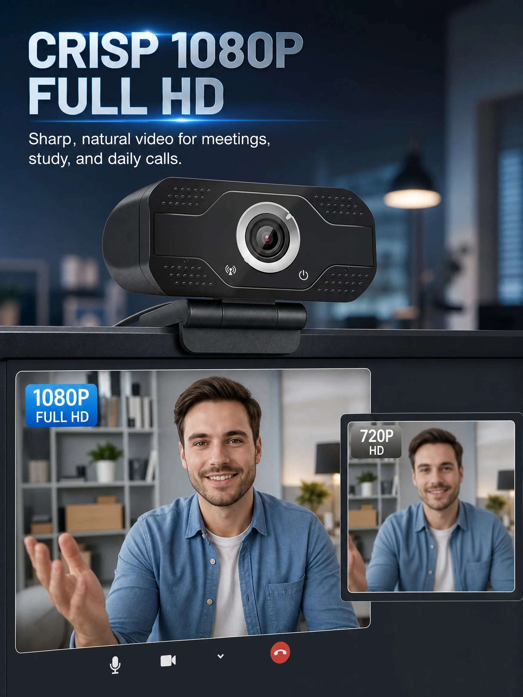 USB Webcam with Built-in Microphone, Plug and Play PC Camera 360° Rotatable for Video Calls, Zoom, Teams, Streaming