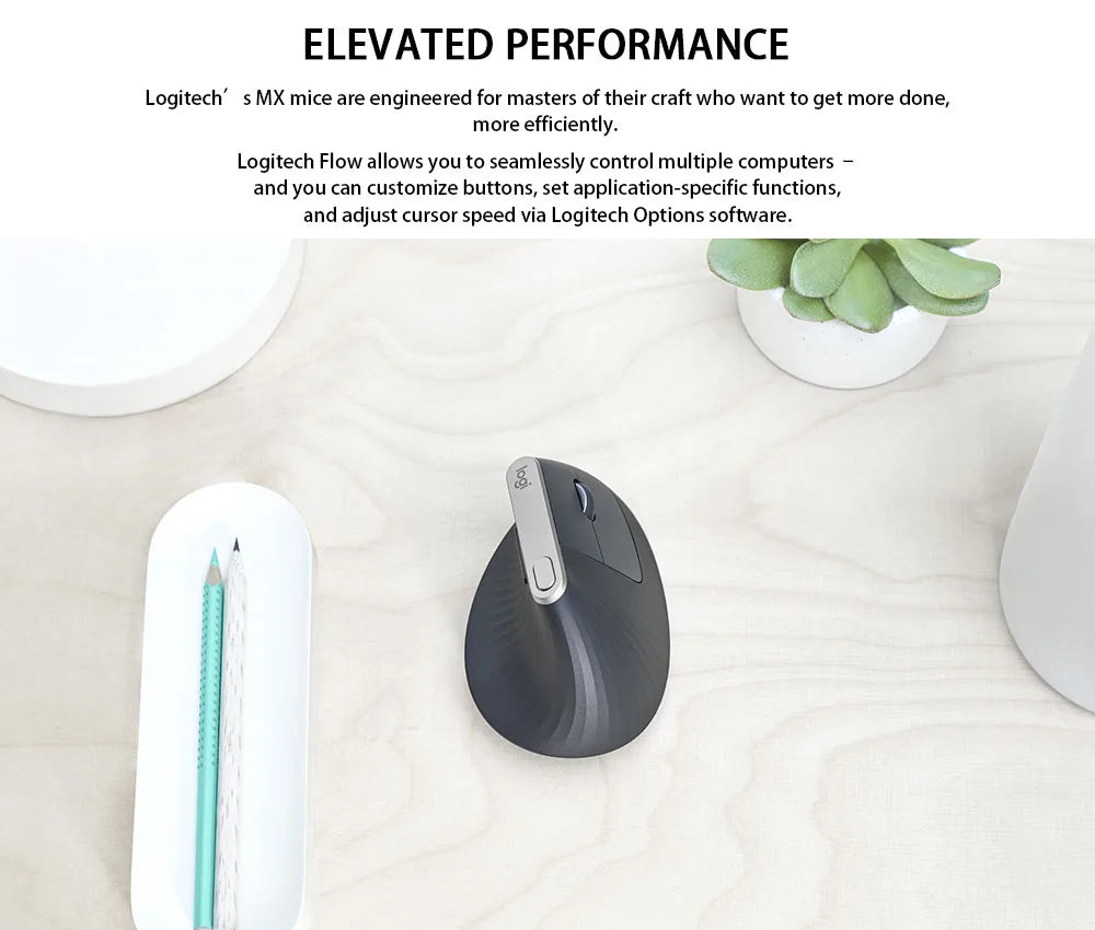 Logitech MX Vertical Wireless Mouse – Ergonomic Design Reduces Muscle Strain, Move Content Between 3 Windows and Apple Computer