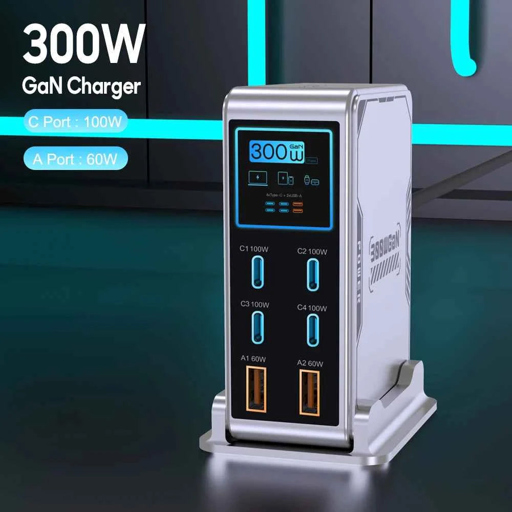 300W USB C Charger,6 Ports USB Charging Station,GaN 100W PD Laptop Fast Charger Adapter Desktop Charger Station with LCD Display for MacBook iPad iPhone Samsung