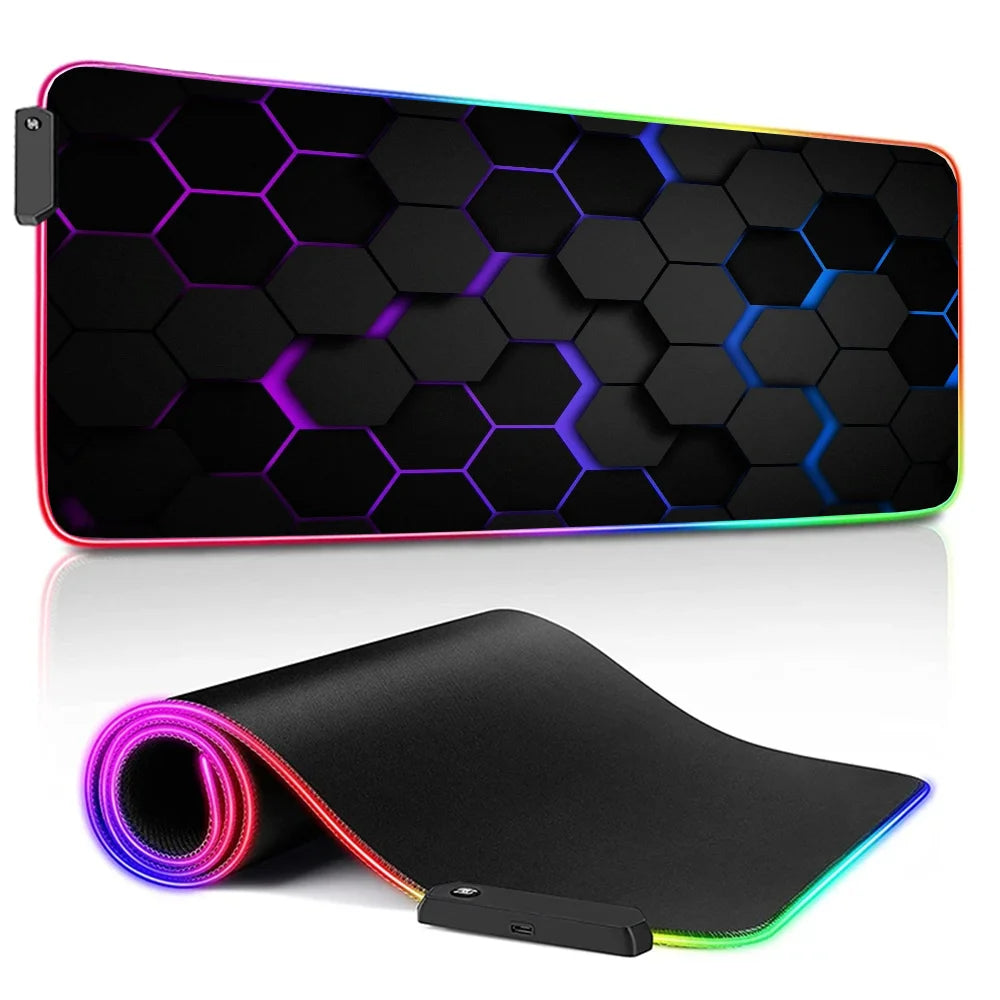 LED Lighting RGB Mouse Pad E-sports Game Keyboard Pad Table Mats Geometric Hexagons Pc Accessories Deskmat Mousepad Gamer Anime