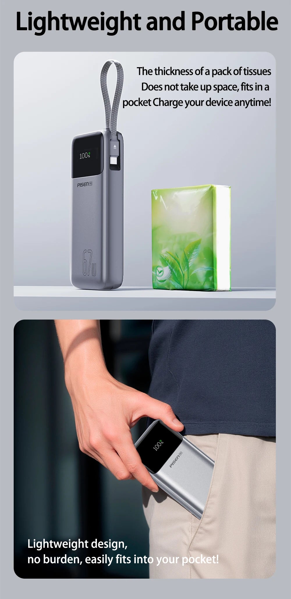 PISEN 20000mAh 67W Power Bank With Fast Charging Cable CCC External Battery For 65W Laptops/ 45W Samsung Phones/ iPhone & iPad