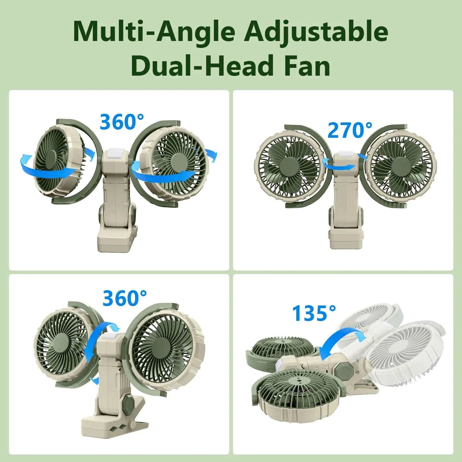 Eary Dual Head Clip On Fan Mount For Desktop With 4000mAh Battery Operated 3 Speed Adjustable 360 Rotatable Desk Air Cooling Fan