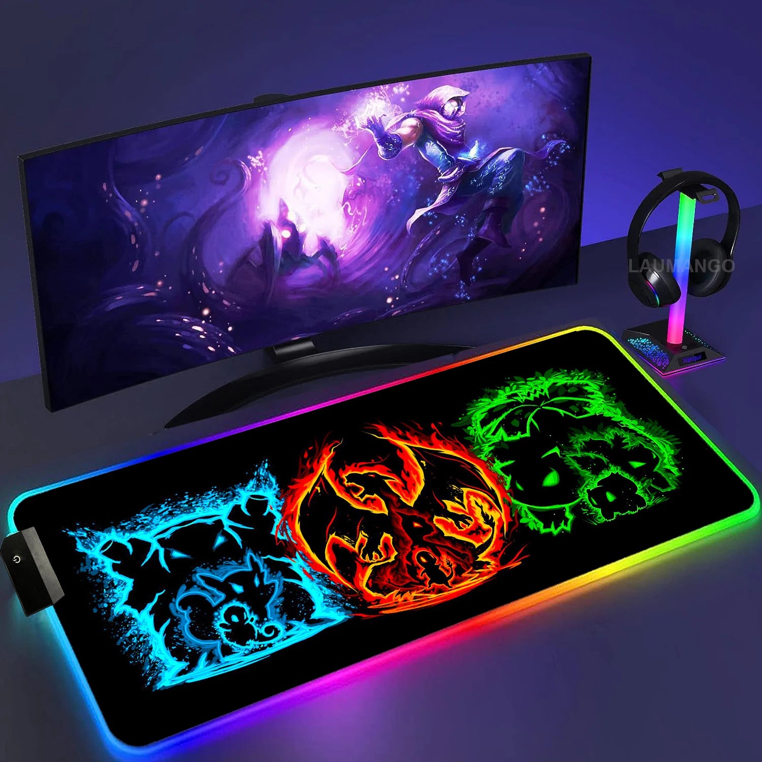 Gengar Mousepad Pokemon RGB LED Purple Mouse Pad Gaming Accessories Ghost Big Extended Keyboard Carpet PC Anime Desk Mats - WinSupport Tech