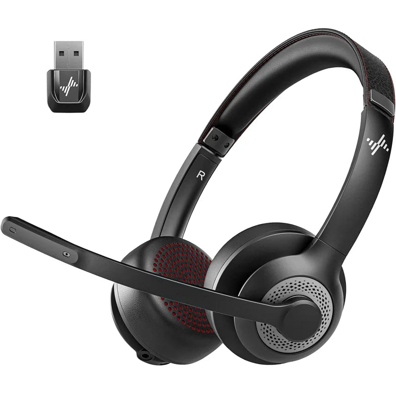 JIAMQISHI EH02P Wireless Headset with AI Noise Cancelling Microphone Headphones Bluetooth V5.2 with USB Dongle,Charging Base