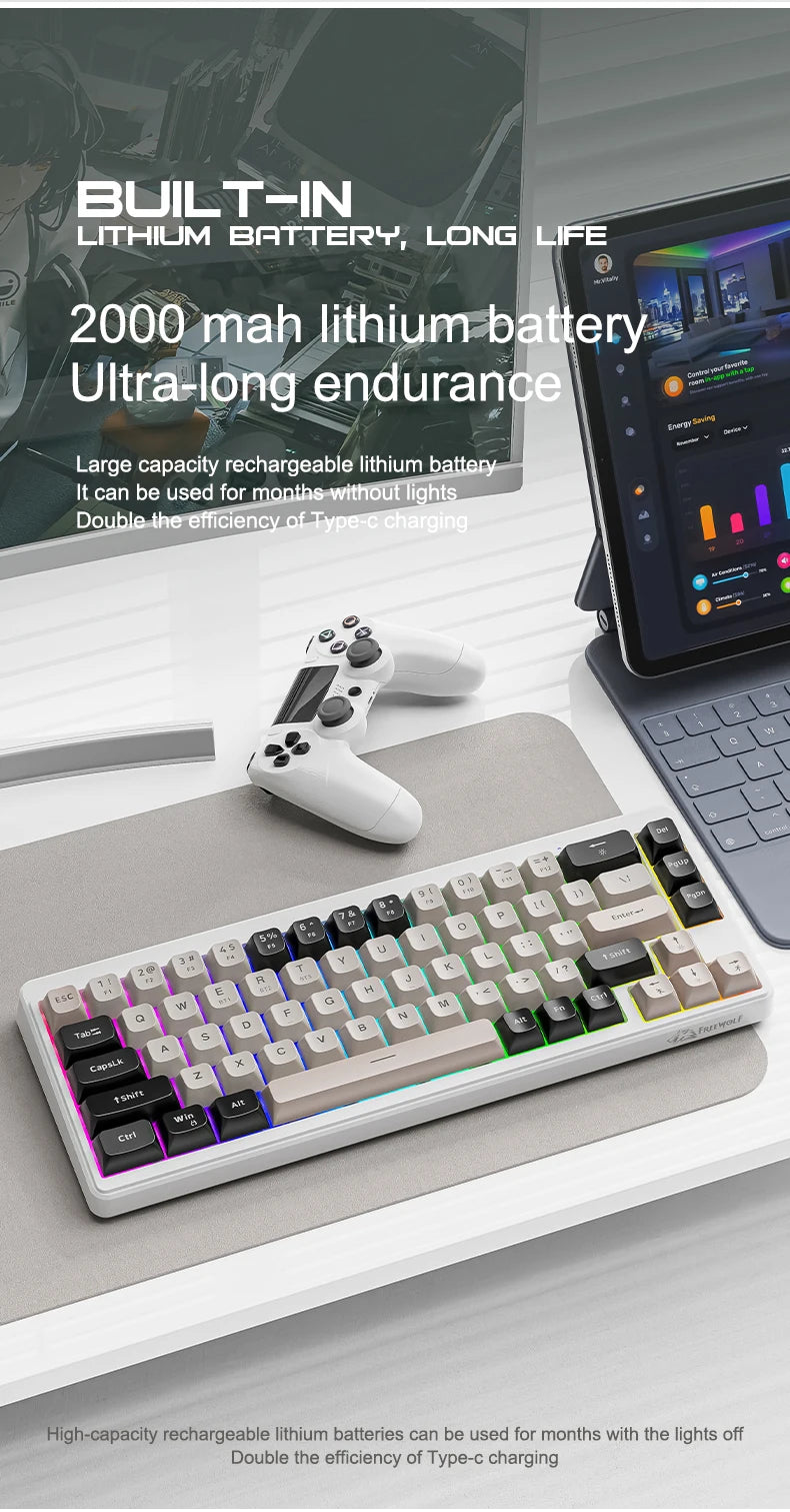 FREEWOLF M68 Wireless Keyboard and Mouse Set Multidevice Connection 68 Keys Mini Keyboard and A3 Mouse Kit PBT keycaps Backlight