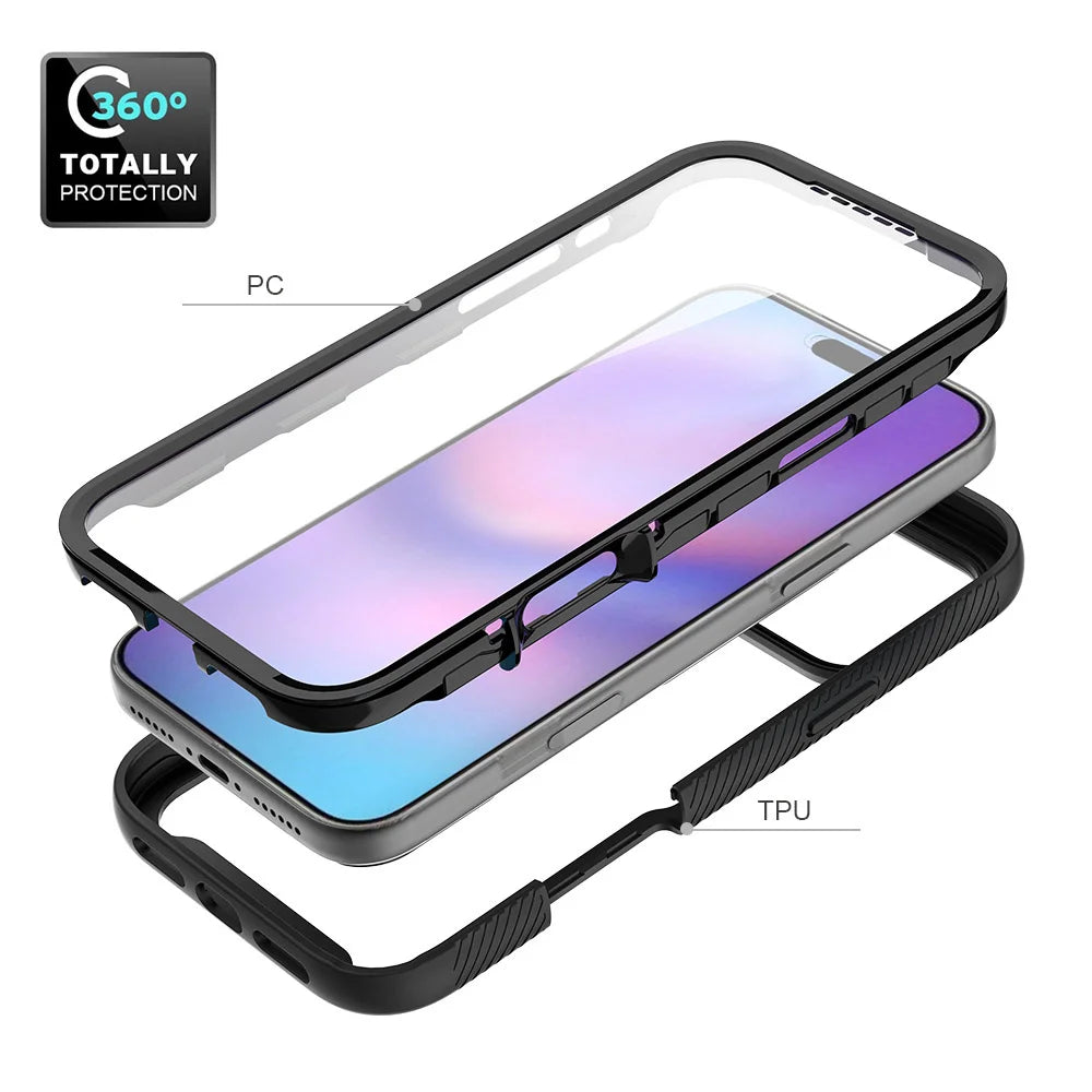 360 Full Body Protection Armor Clear Phone Case For iPhone 17 16 15 14 13 Pro Max Air 16e Plus Front Screen Shockproof Cover