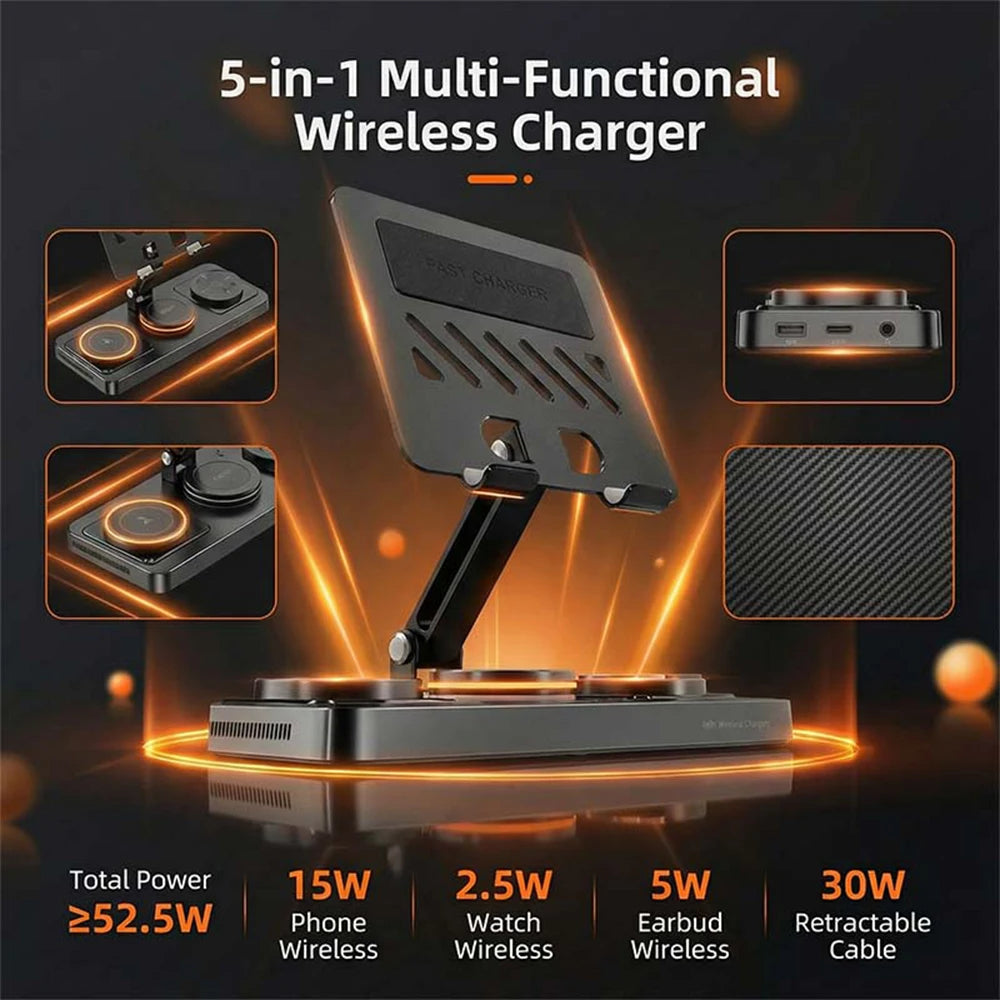 5-in-1 Wireless Charging Station 60W Fast Charger – Foldable Magnetic Stand Dock for iPhone, Apple Watch & AirPods, Desktop Tablet Holder.