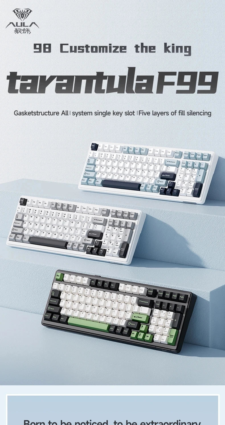 AULA F99 Gaming Mechanical Keyboard 99 Keys Gasket Structure Wireless Bluetooth Wired Hot Swappable PBT Gasket RGB For PC Laptop
