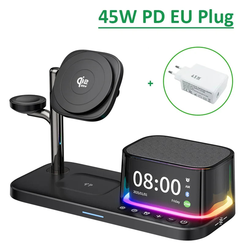 25W Magnetic Wireless Charger Stand Bluetooth Speaker Fast Charging For iPhone Samsung S26 S25/Z Fold 7 Galaxy Watch Ultra 8 7