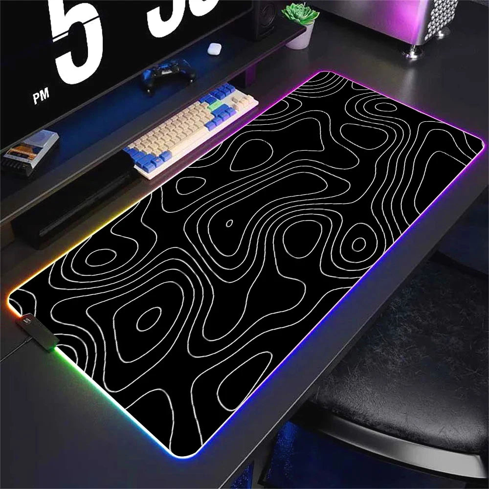 LED Desk Mat Black and White Lines RGB Computer Mouse Pad Gamer Cabinet Luminescence Abstract Mousepad Keyboard Gaming Deskmat