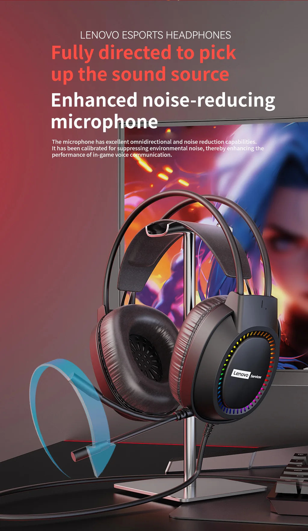 Lenovo Over-Ear Headphones with Microphone, Gaming Headphones, Rgb Lighting, Cool Colorful Lights, Suitable for Desktop and Laptop Computers, Comfortable, Sound-Isolating, and Noise-Cancelling