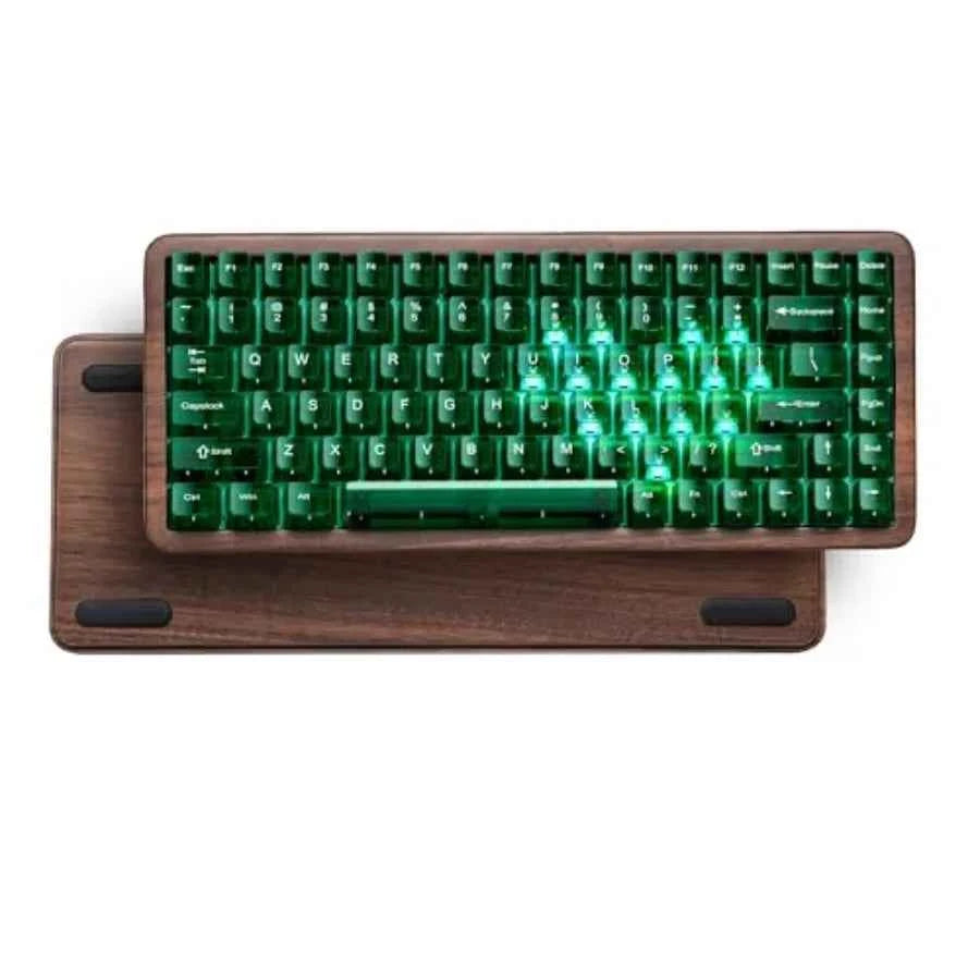 Wireless mechanical keyboard for gaming and office use wood frame natural brown 8000mAh battery life with tri-mode connectivity