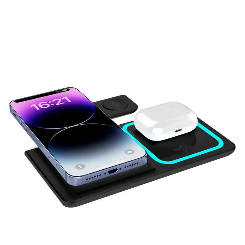 3-In-1 Foldable Wireless Charging Stand 15W/10W/7.5W/5W Multi Device Fast Wireless Charger for Smartphone Smart Watch Earphones