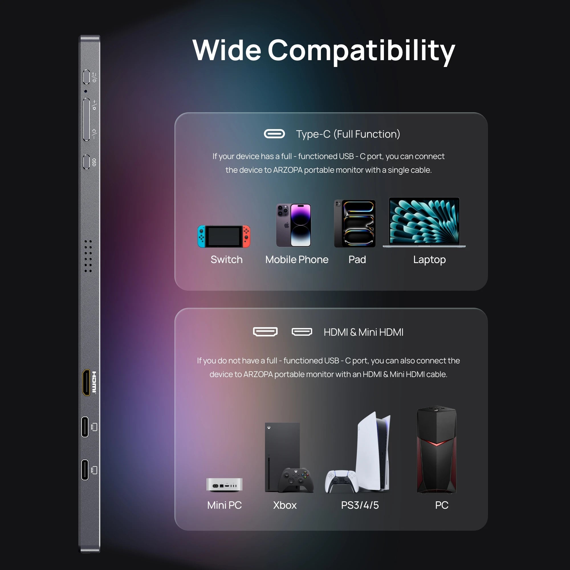 ARZOPA 16.1inch 2.5K 180Hz 100%sRGB Portable Gaming Monitor HDR10 External Second Display Screen Z3FC Grey with Bag