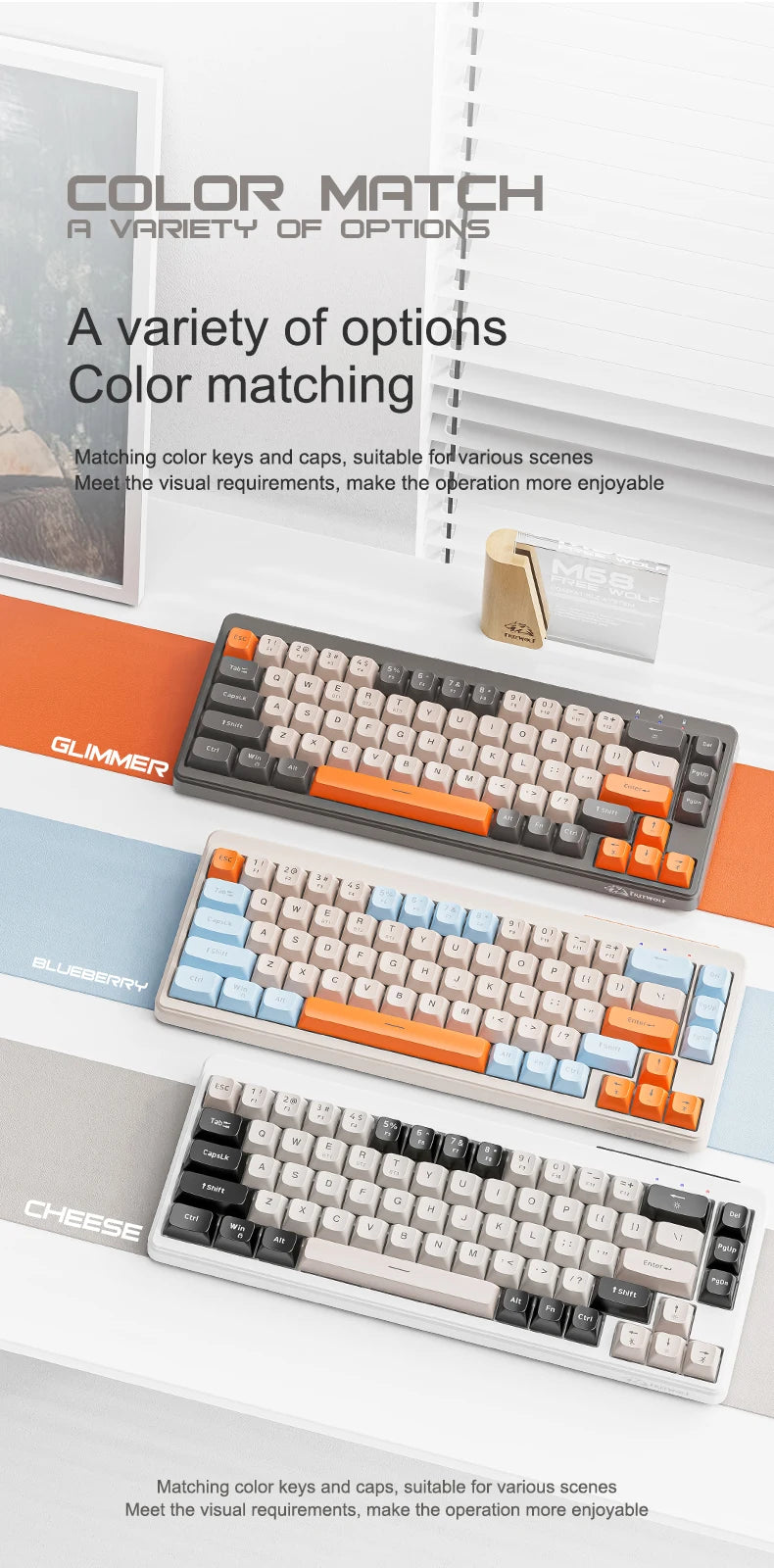 FREEWOLF M68 Wireless Keyboard and Mouse Set Multidevice Connection 68 Keys Mini Keyboard and A3 Mouse Kit PBT keycaps Backlight
