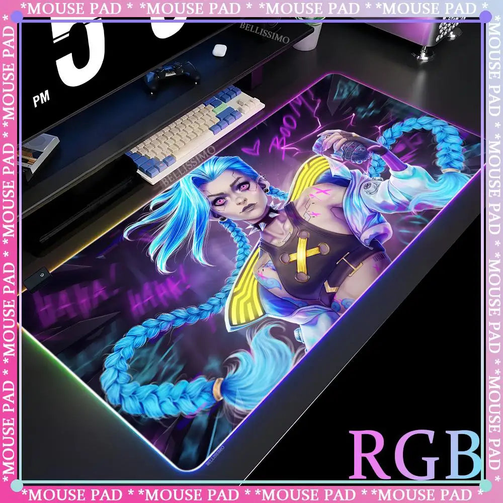 RGB League of Legends MousePad Gamer Jinx Anime Girl LED Game Accessories Keyboard Pad Large Desk mats Rubber Luminous Mouse Pad
