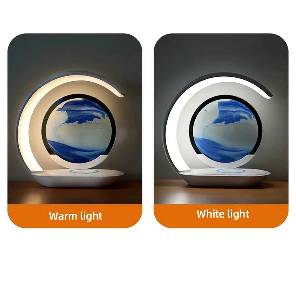 Quicksand Table Lamp Wireless Charging Desk Lamp 3D Hourglass Ornaments Sand Painting Night Light for Office Room Decoration