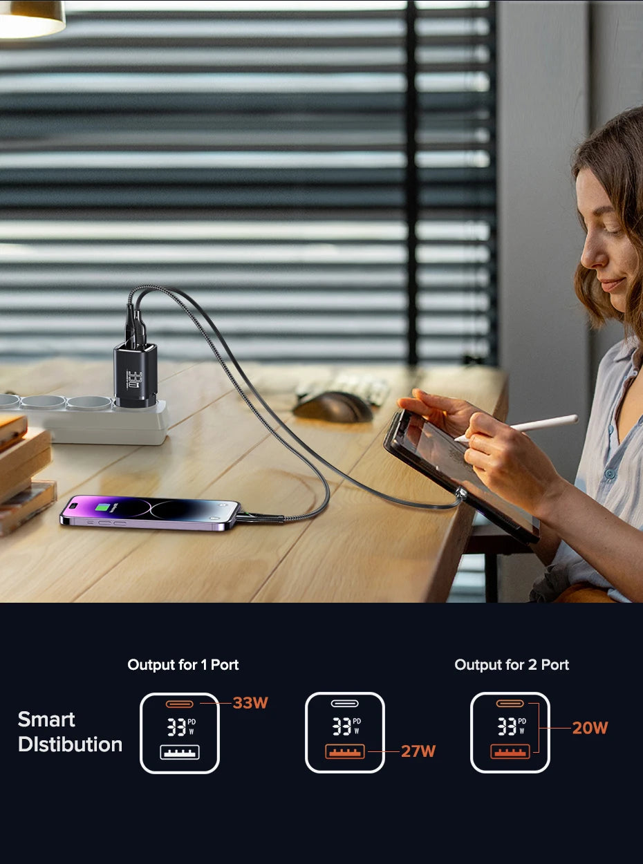 QOOVI 33W GaN Charger USB Type C Fast Charging Adapter Quick Charge QC3.0 PD USB-C Wall Charger For iPhone Samsung Xiaomi iPad